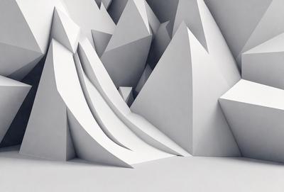 The primary subject of the image is a mountainous landscape, featuring a large mountain with a triangular shape. The setting is a white background, which creates a contrast with the mountain. The visual style is a combination of digital art and illustration, giving the image a unique and artistic appearance. The dominant colors are white and gray, which contribute to the overall mood of the image, which is a mix of serenity and grandeur.