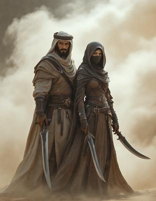The primary subject of the image is a man and a woman dressed in Middle Eastern garb, standing together in a desert-like environment. They are both holding swords, which suggests that they might be warriors or soldiers. The setting appears to be a sandy or dusty area, which is typical of desert landscapes. The visual style of the image is a combination of photo and digital art, creating a realistic yet artistic representation of the scene. The colors and mood of the image are predominantly earthy tones, such as browns, beiges, and tans, which contribute to the overall atmosphere of the desert setting.