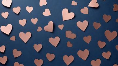 The primary subject of the image is a collection of pink hearts. These hearts are arranged in various positions and sizes, creating a visually appealing pattern. The setting is a blue wall, which serves as a striking backdrop for the hearts. The visual style of the image is a combination of digital art and illustration, giving it a unique and creative appearance. The dominant colors in the image are pink and blue, which evoke a sense of warmth and tranquility.