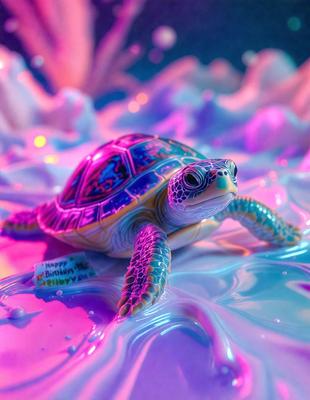 The primary subject of the image is a turtle, which is the main focus of the scene. The turtle is sitting on a surface that appears to be a combination of water and paint, creating a unique and visually interesting environment. The setting seems to be a creative and artistic space, possibly a digital art or illustration. The colors and mood of the image are vibrant and lively, with the turtle being the central point of attention.