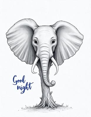 The primary subject of the image is a large, white elephant with a curled trunk. The elephant is standing next to a tree, and its trunk is wrapped around it. The setting appears to be a forest or a natural environment. The visual style of the image is a combination of a drawing and a painting, giving it a unique and artistic appearance. The colors and mood of the image are predominantly blue and green, creating a serene and peaceful atmosphere.