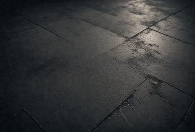 The primary subject of the image is a black and white photo of a tile floor. The setting is a dark room with a tile floor, and the visual style is a black and white photo. The colors and mood of the image are dark and moody, with the black and white tones emphasizing the contrasts and textures of the tile floor.