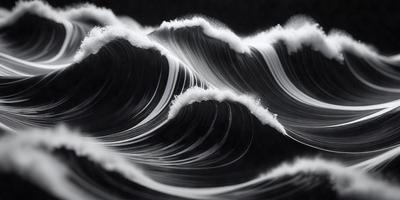 The primary subject of the image is a wave, which is the main object, scene, or focus of the image. The wave is depicted in a black and white style, giving it a classic and timeless appearance. The setting or background of the image is a dark, possibly black, surface, which contrasts with the wave, emphasizing its shape and form. The visual style of the image is a combination of photo and digital art, creating a unique and artistic representation of the wave. The colors and mood of the image are predominantly black and white, giving it a dramatic and moody atmosphere.