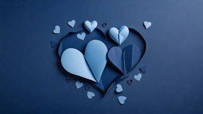 The primary subject of the image is a heart-shaped paper cutout, which is blue in color. The setting is a dark blue background, creating a contrasting effect. The visual style is a combination of digital art and illustration, as the heart is made of paper cutouts. The colors and mood of the image are predominantly dark and moody, with the blue heart standing out against the dark background.