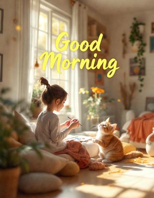 The primary subject of the image is a young girl sitting on a couch, drawing a picture. The setting is a cozy living room with a potted plant nearby. The visual style is a combination of photo and digital art, creating a warm and inviting atmosphere. The colors are predominantly warm and natural, with the girl's white shirt and the orange cat adding a touch of vibrancy to the scene.