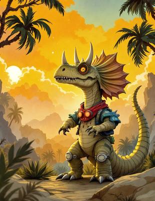 The primary subject of the image is a cartoon dinosaur, specifically a T-Rex, standing in a jungle setting. The dinosaur is wearing a backpack and has a red scarf around its neck. The visual style of the image is a digital art or illustration, with a vibrant and lively atmosphere. The colors in the image are predominantly green, yellow, and red, which contribute to the overall cheerful and playful mood of the scene.