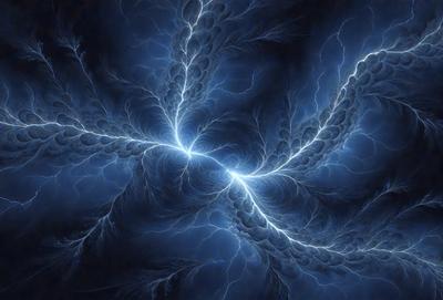 The primary subject of the image is a blue lightning bolt, which is the main object, scene, or focus of the image. The setting or background features a dark blue sky, which adds to the overall atmosphere. The visual style of the image is digital art, as it is a digital representation of lightning. The dominant colors in the image are blue and white, creating a sense of energy and power.