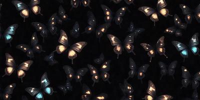 The primary subject of the image is a pattern of butterflies. The setting is a dark background, which creates a contrast with the butterflies. The visual style is a combination of digital art and illustration, giving the image a unique and artistic appearance. The colors and mood are predominantly black and white, with a touch of orange, creating a dramatic and striking effect.