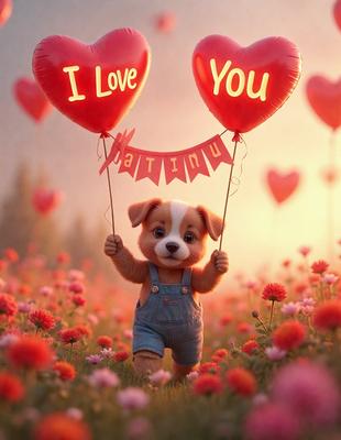 The primary subject of the image is a small teddy bear holding two red balloons that say "I love you." The setting is a field of flowers, creating a beautiful and romantic atmosphere. The visual style is a combination of photo and digital art, giving the image a unique and charming appearance. The dominant colors are red and pink, which are associated with love and affection.