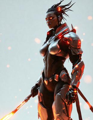 The primary subject of the image is a woman dressed in futuristic armor, holding a sword. She is standing in front of a backdrop of a white sky, which creates a contrasting and dramatic setting. The visual style of the image is digital art, as it appears to be a computer-generated or digitally rendered character. The colors and mood of the image are predominantly dark and intense, with the woman's armor and the sword adding a sense of power and strength to the scene.