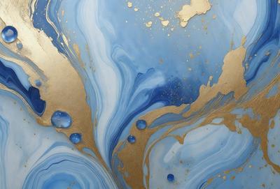 The primary subject of the image is a blue and gold painting, featuring a swirling design with gold accents. The setting is a wall, and the visual style appears to be a painting or drawing. The dominant colors in the painting are blue and gold, creating a sense of depth and richness in the artwork.