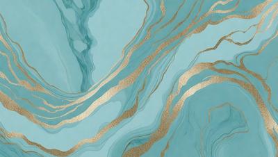 The primary subject of the image is a blue and gold marbled wallpaper. The setting is a bathroom, with the wallpaper covering the walls. The visual style is a digital art, as it appears to be a painting or a design created using digital tools. The dominant colors are blue and gold, giving the bathroom a luxurious and elegant atmosphere.
