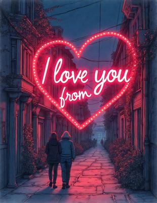 The primary subject of the image is a heart-shaped neon sign that reads "I love you from." The setting is a city street at night, with a couple walking down the sidewalk under the sign. The visual style is a digital art, and the colors and mood are predominantly red and warm, creating a romantic atmosphere.