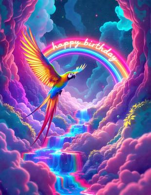 The primary subject of the image is a colorful parrot, which is perched on a rainbow-colored staircase. The setting is a whimsical, fantasy-like environment, with the parrot surrounded by clouds and a colorful background. The visual style is a digital art or illustration, with the parrot and staircase being the main focus of the image. The colors and mood are vibrant and lively, with the rainbow colors and the parrot's vivid plumage creating a cheerful and imaginative atmosphere.