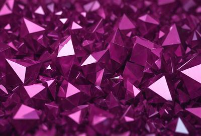 The primary subject of the image is a large pile of purple crystals, which are arranged in a visually appealing manner. The setting is a purple background, which complements the color of the crystals. The visual style of the image is a combination of photo and digital art, creating a unique and eye-catching display. The dominant colors in the image are purple and pink, giving the scene a vibrant and lively atmosphere.