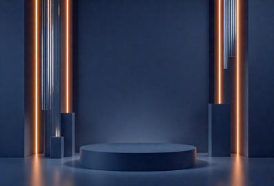 The primary subject of the image is a large, empty, and dark room with a blue wall. The setting is a modern, minimalist space. The visual style is a combination of a photo and digital art, creating a unique and intriguing atmosphere. The dominant colors are blue and black, which contribute to the overall mood of the scene.