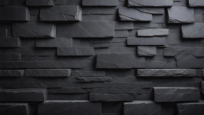 The primary subject of the image is a black stone wall. The setting is a dark room, and the visual style is a close-up of the wall. The colors and mood of the image are predominantly dark, with the black stone wall being the main focus.