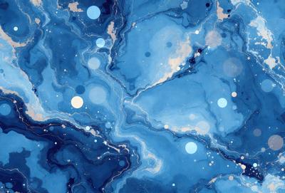 The primary subject of the image is a blue and white painting featuring a swirling pattern of circles. The setting is a blue background, and the visual style appears to be a digital art or illustration. The dominant colors are blue and white, creating a calm and serene atmosphere.