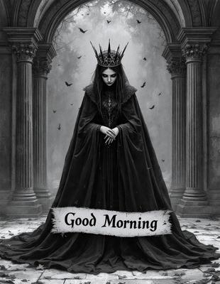 The primary subject of the image is a woman dressed in a gown, possibly a queen or a princess. She is wearing a crown and is sitting in front of a backdrop featuring a castle. The visual style of the image is digital art, with the woman and the castle being the main focus of the scene. The colors and mood of the image are dark and dramatic, with the woman's gown and the castle's architecture creating a sense of mystery and grandeur.