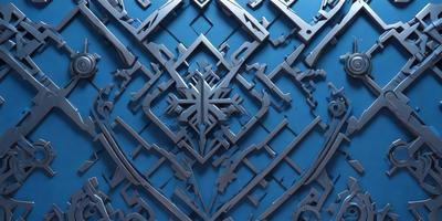 The primary subject of the image is a metal sculpture or artwork, featuring a design that resembles a gun. The setting is a blue background, which complements the artwork. The visual style appears to be a combination of digital art and illustration, creating a unique and intricate design. The colors and mood of the image are predominantly dark and mysterious, with the blue background adding a touch of calmness to the overall atmosphere.