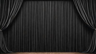 The primary subject of the image is a black curtain, which is the main object and focus of the scene. The setting is a stage or theater, with the curtain hanging in front of it. The visual style is a black and white photo, giving the image a classic and timeless appearance. The dominant colors are black and white, creating a dramatic and moody atmosphere.