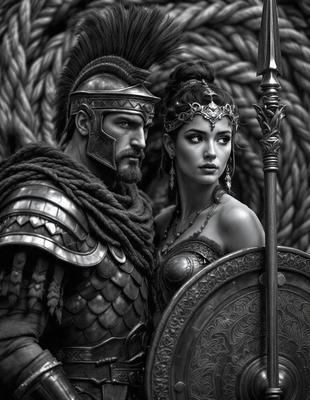 The primary subject of the image is a man and a woman, both dressed in ancient Greek-style armor. They are standing close to each other, possibly as a couple or as part of a historical reenactment. The setting appears to be a fantasy or historical-themed environment, with the man and woman as the main focus. The visual style of the image is likely to be a digital art or illustration, as it captures the intricate details of the armor and the overall atmosphere of the scene. The colors and mood of the image are likely to be rich and dramatic, reflecting the historical and fantasy elements of the scene.