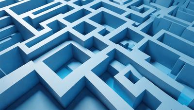 The primary subject of the image is a blue, three-dimensional maze. The setting is a blue background, which creates a visually striking contrast with the maze. The visual style is a digital art or illustration, as the maze is depicted in a detailed and intricate manner. The colors and mood of the image are predominantly blue, which gives the maze a calm and serene atmosphere.