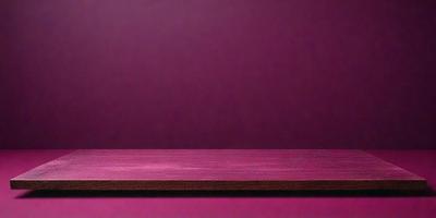 The primary subject of the image is a wooden table with a purple background. The table is placed against a wall, and there is a cup on it. The visual style of the image is a photo, and the dominant colors are purple and brown. The overall atmosphere of the image is calm and inviting.