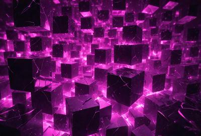 The primary subject of the image is a large, purple, three-dimensional display of cubes. The setting is a dark room with a purple glow, creating a unique and captivating atmosphere. The visual style is a combination of digital art and illustration, with the cubes appearing to be floating in the air. The dominant colors are purple and black, giving the display a futuristic and otherworldly appearance.