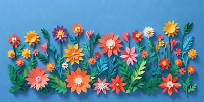 The primary subject of the image is a colorful paper flower arrangement. The flowers are made of paper and are arranged in a visually appealing manner. The setting is a blue background, which provides a contrasting and complementary color to the flowers. The visual style of the image is a combination of digital art and illustration, as the paper flowers are skillfully crafted and placed on the blue surface. The colors and mood of the image are vibrant and cheerful, with the bright colors of the flowers creating a lively and uplifting atmosphere.