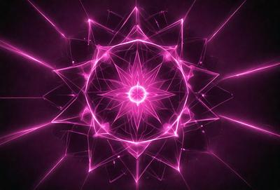 The primary subject of the image is a large, pink, geometric shape, which appears to be a flower or a pattern. The setting is a dark background, which contrasts with the bright pink color of the shape. The visual style is a combination of digital art and illustration, creating a unique and eye-catching design. The dominant colors are pink and purple, giving the image a warm and vibrant atmosphere.