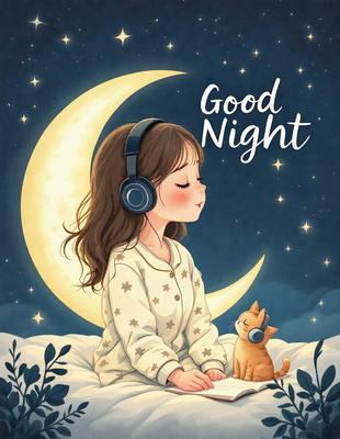 The primary subject of the image is a young girl sitting on a bed, wearing headphones and looking up at the night sky. The setting is a cozy bedroom, with a cat sitting next to her. The visual style is a digital art illustration, creating a warm and inviting atmosphere. The colors are predominantly blue and white, with the night sky and the girl's outfit adding a sense of calmness and relaxation.