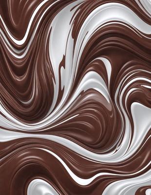 The primary subject of the image is a close-up of a chocolate-covered cake with white swirls. The cake is displayed on a white surface, which contrasts with the rich brown color of the chocolate. The visual style of the image is a close-up, which emphasizes the details of the cake and its swirls. The colors and mood of the image are predominantly brown and white, creating a sense of indulgence and sophistication.