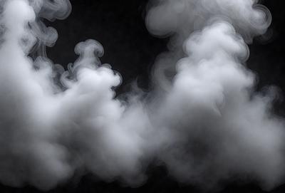 The primary subject of the image is a cloud of smoke, which is the main object, scene, or focus of the image. The setting is a dark background, and the visual style is a photo. The colors and mood of the image are predominantly dark and moody, with the smoke creating a dramatic and mysterious atmosphere.