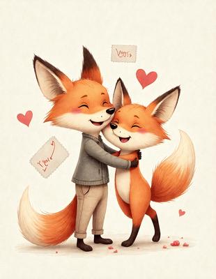 The image features two anthropomorphic foxes, one male and one female, standing close to each other and hugging. They are both wearing sweaters, adding a cozy and warm atmosphere to the scene. The foxes are surrounded by hearts, which further emphasizes the love and affection between the two characters. The visual style of the image is a combination of digital art and illustration, creating a charming and endearing scene.