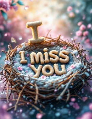 The primary subject of the image is a heart-shaped nest made of straw, with the words "I Miss You" written on it. The nest is placed on a bed of flowers, creating a warm and romantic atmosphere. The visual style of the image is a combination of digital art and illustration, with the heart-shaped nest and the words "I Miss You" being the focal points. The colors used in the image are predominantly pink and white, which contribute to the overall mood of the scene.