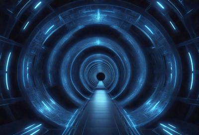 The primary subject of the image is a tunnel with a blue light illuminating it. The tunnel appears to be a futuristic, high-tech environment. The setting is a dark, enclosed space with a blue glow, giving it a mysterious and intriguing atmosphere. The visual style of the image is a combination of futuristic design and digital art, creating a unique and captivating scene. The colors and mood of the image are predominantly blue, which adds to the overall sense of mystery and intrigue.