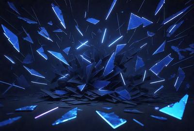 The primary subject of the image is a large pile of broken glass, which is the main object, scene, or focus of the image. The setting is a dark room, and the visual style is a digital art or illustration. The colors and mood of the image are predominantly blue, creating a moody and dramatic atmosphere.
