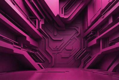 The primary subject of the image is a large, intricate, and colorful structure, possibly a futuristic building or a computer circuit board. The setting is a pink room, which adds a unique and vibrant atmosphere to the scene. The visual style of the image is a combination of digital art and illustration, creating a striking and detailed representation of the subject. The dominant colors in the image are pink and purple, which contribute to the overall mood and aesthetic of the scene.