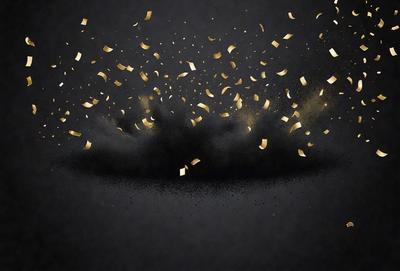 The primary subject of the image is a black background with gold confetti falling on it. The setting is a dark background, and the visual style is a digital art or illustration. The colors and mood of the image are predominantly black and gold, creating a sense of elegance and celebration.