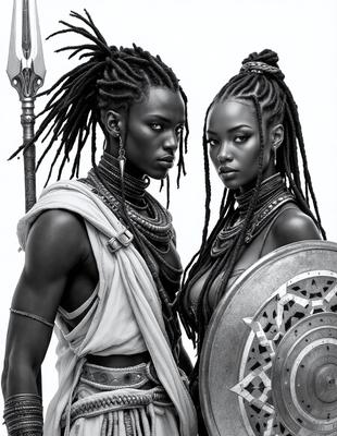 The image features two people, a man and a woman, standing next to each other. They are both wearing armor, with the woman's armor appearing to be more ornate than the man's. The man is holding a shield, while the woman is holding a sword. The scene appears to be a black and white illustration, giving it a classic and timeless feel. The primary subject of the image is the man and woman in their armor, showcasing their strength and unity.