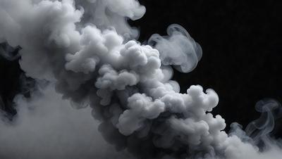 The primary subject of the image is a large cloud of smoke, which appears to be billowing upwards. The setting is a dark background, which contrasts with the smoke, creating a dramatic effect. The visual style is a black and white photo, which adds to the intensity of the scene. The colors and mood of the image are predominantly dark and moody, with the smoke serving as the main focal point.