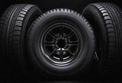The primary subject of the image is a black tire with a silver hubcap. The tire is placed on a black surface, which creates a contrast with the tire's color. The setting appears to be a dark room, and the visual style is a close-up of the tire. The overall atmosphere of the image is dark and moody, with the black tire and the black surface creating a sense of depth and contrast.