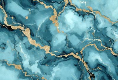 The primary subject of the image is a blue and gold marbled wallpaper. The setting is a blue and gold marbled wall, which serves as the background. The visual style is a combination of digital art and illustration, creating a unique and intricate design. The dominant colors are blue and gold, giving the wallpaper a luxurious and elegant appearance.