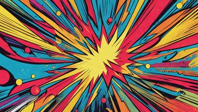 The primary subject of the image is a colorful, explosive, and dynamic scene featuring a bright yellow and red explosion. The setting is a colorful background, which adds to the vibrant atmosphere of the image. The visual style is a combination of digital art and illustration, creating a dynamic and engaging scene. The colors and mood of the image are predominantly yellow and red, which evoke a sense of energy and excitement.