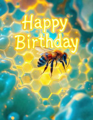 The primary subject of the image is a bee, which is the main object, scene, or focus of the image. The bee is depicted in a colorful and vibrant manner, with a yellow background and a blue honeycomb pattern. The visual style of the image is a combination of photo and digital art, creating a unique and eye-catching representation of the bee. The colors and mood of the image are lively and cheerful, with the yellow and blue hues evoking a sense of happiness and celebration.