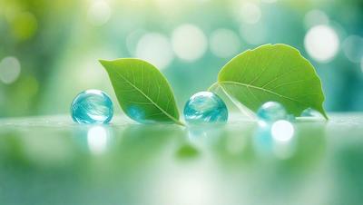 The primary subject of the image is a leaf with three blue beads on it. The leaf is placed on a green surface, which serves as the setting or background. The visual style of the image is a close-up of the leaf and the beads, creating a sense of detail and focus. The colors in the image are predominantly green and blue, giving the scene a calm and serene atmosphere.