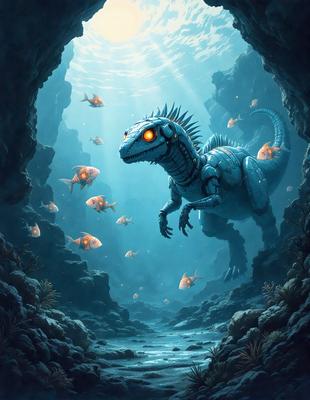 The primary subject of the image is a large, robotic-looking dinosaur with a mouth full of teeth, standing in a body of water. The setting is underwater, with the dinosaur surrounded by fish. The visual style is a digital art or illustration, creating a unique and intriguing scene. The dominant colors are blue and orange, with the blue water and orange dinosaur creating a striking contrast. The overall atmosphere is one of wonder and curiosity, as the viewer wonders about the story behind this unusual combination of elements.