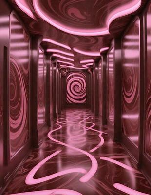 The primary subject of the image is a hallway with a pink carpet and a spiral pattern on the floor. The setting is a room with a pink carpet and a spiral pattern on the floor. The visual style is a photo of a hallway with a pink carpet and a spiral pattern on the floor. The colors and mood are predominantly pink, creating a warm and inviting atmosphere.