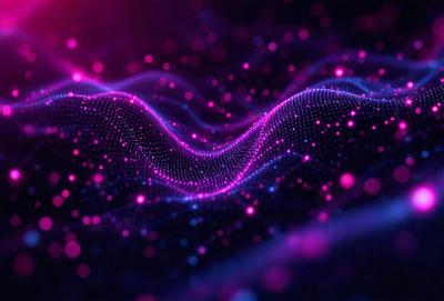 The primary subject of the image is a purple and pink wave pattern, which is a digital art or illustration. The setting is a dark background, and the visual style is a combination of digital art and pattern. The dominant colors are purple and pink, creating a vibrant and lively atmosphere.